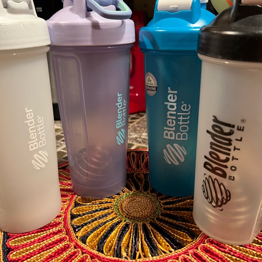 Four BlenderBottle Shakers- White, Purple, Blue, Black/White